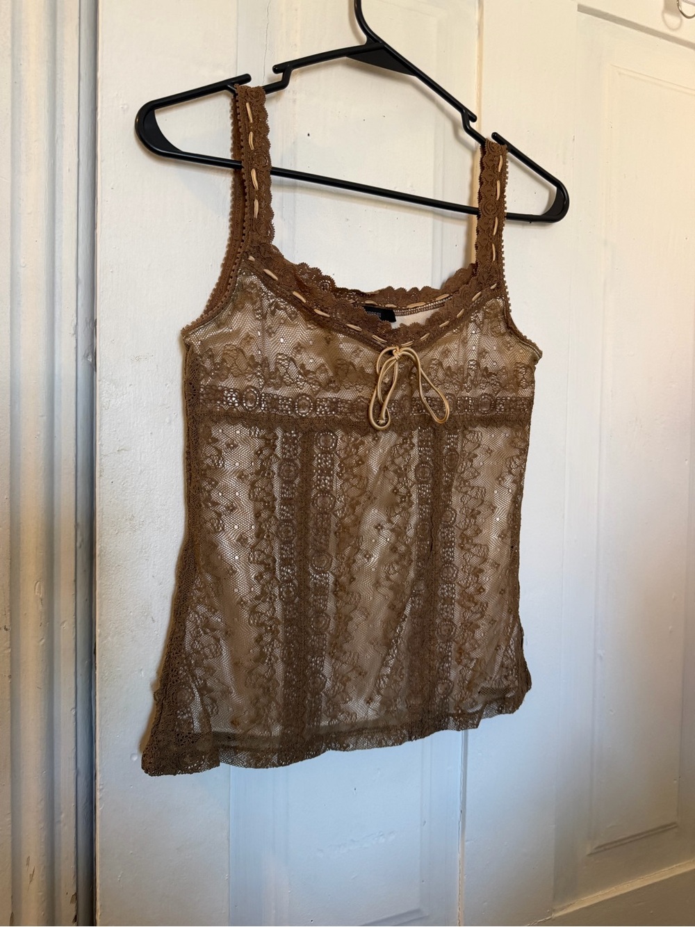Express Brown Lace Sheer Camisole with Bow Accent